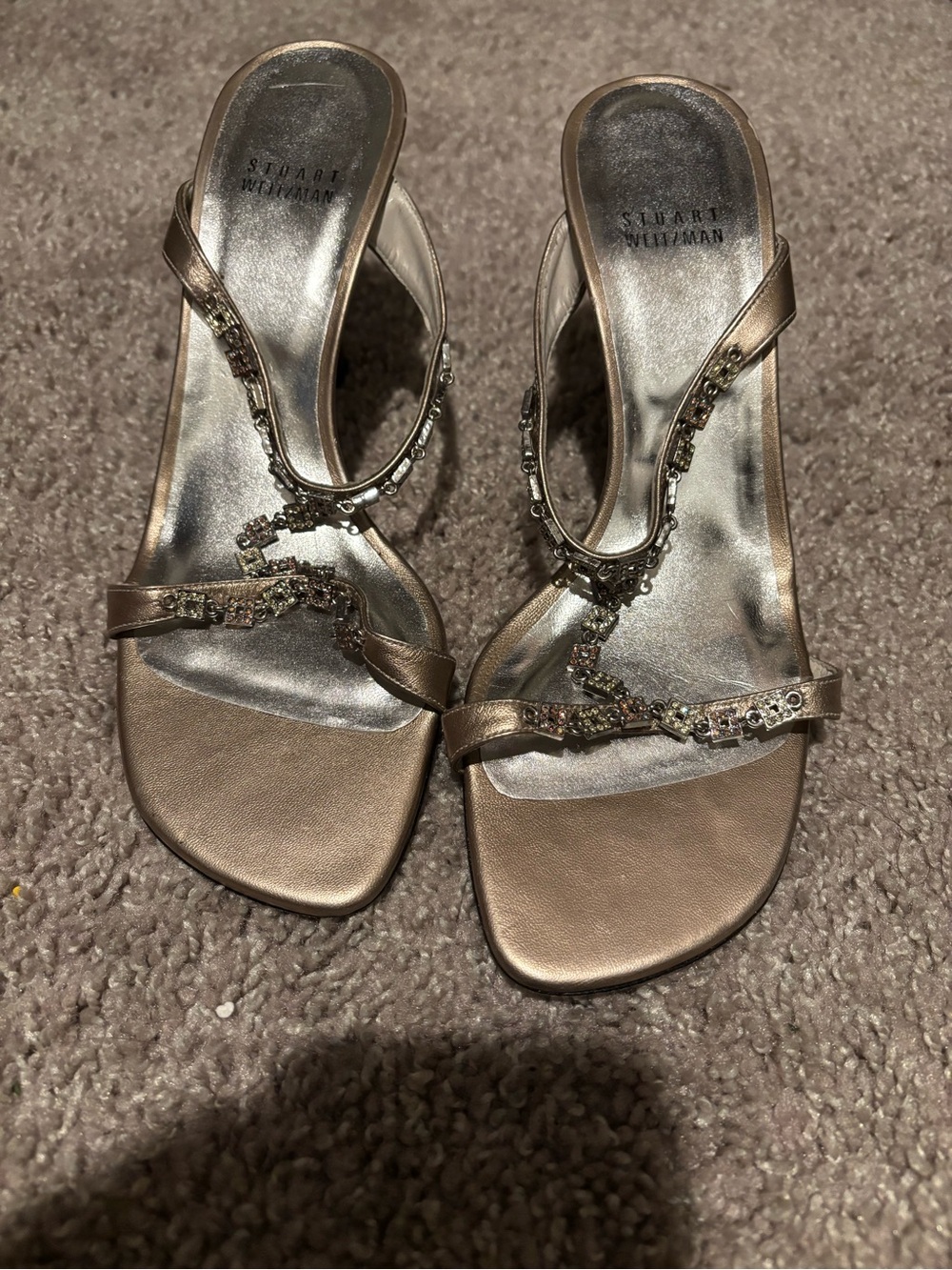 Vintage Stuart Weitzman Women's Metallic Champagne Crystal  Strap Sandals